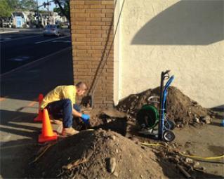 one of our plumbers is clearing the roots that invaded the main drain line during a routine drain cleaning job